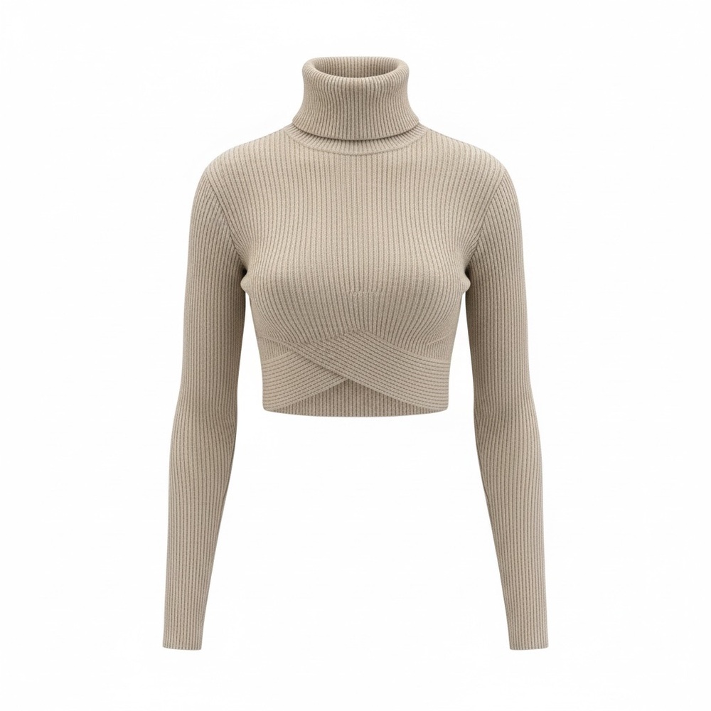 Cropped Ribbed Turtleneck Sweater - Light Gray
